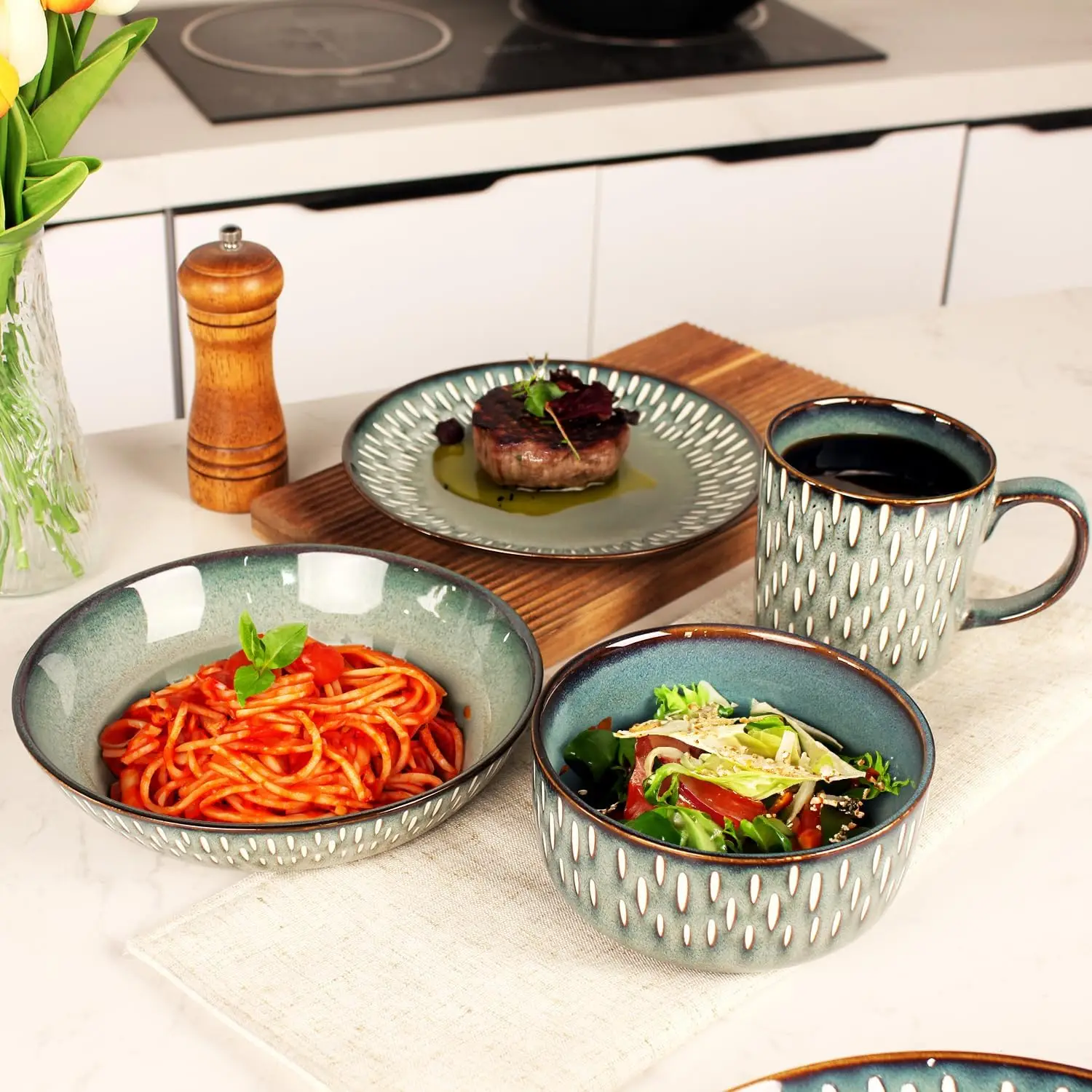 أطقم أواني طعام مكونة من 16 قطعة - أدوات مائدة دائرية من الزجاج التفاعلي - أواني طعام المطبخ من البورسلين مع طبق عشاء ووعاء وS