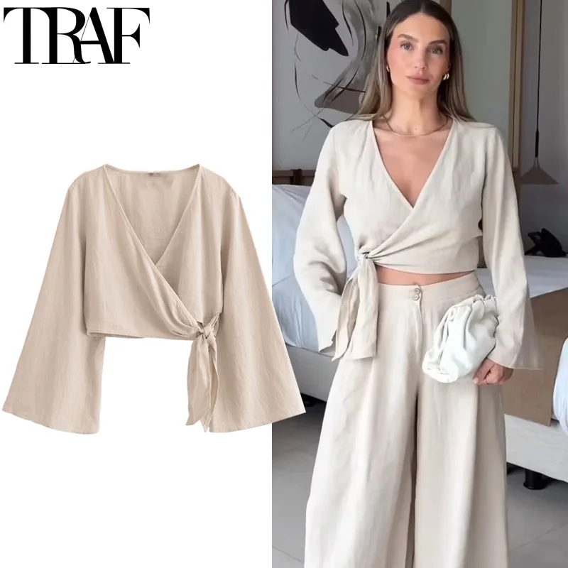 TRAF Knotted Wrap Crop Tops Women 2024 V Neck Long Sleeve Blouses For Women Elegant Summer Short Fashion Youth Women\'s Blouses