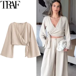 TRAF Knotted Wrap Crop Tops Women 2024 V Neck Long Sleeve Blouses For Women Elegant Summer Short Fashion Youth Women's Blouses