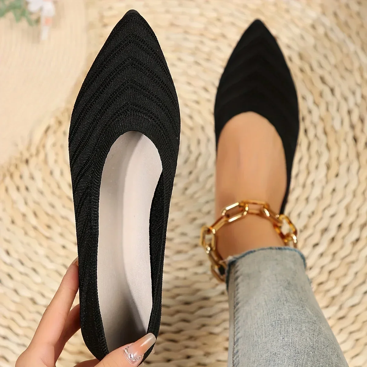 New 2024 Pointed Toe Flat Office Boat Solid Color Knitted Slip on Shoes Casual Ballet Flats Shoes Women Loafers Zapatos De Mujer