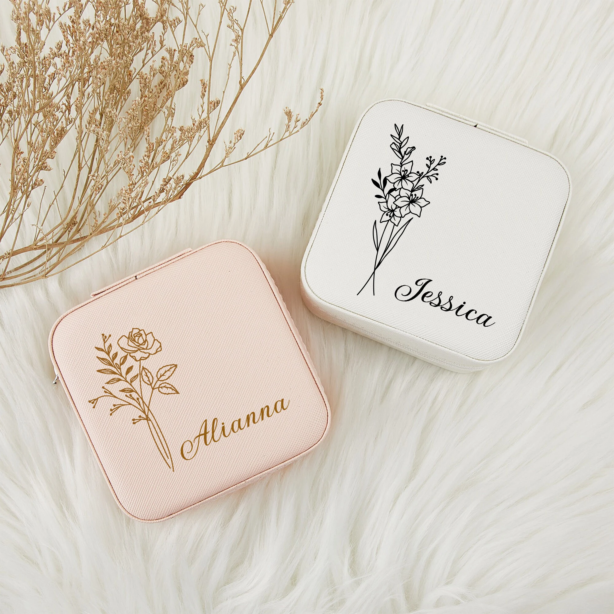 Personalized Jewelry Box Birth Flower Birthday Gift For Her Custom Jewellery Travel Case Bridal Shower Gifts Bridesmaid Proposal