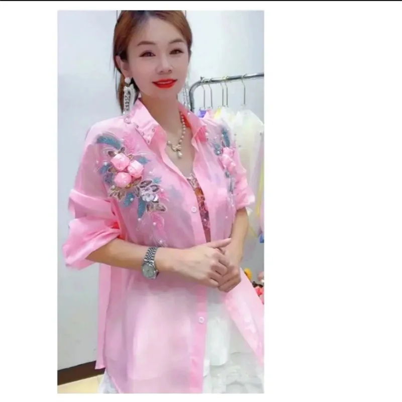 

With Women's Fashion Joker Ladies' Shirts Heavy Industry Beaded Diamond Sun Protection Clothing Chiffon Sun Protection Shirt
