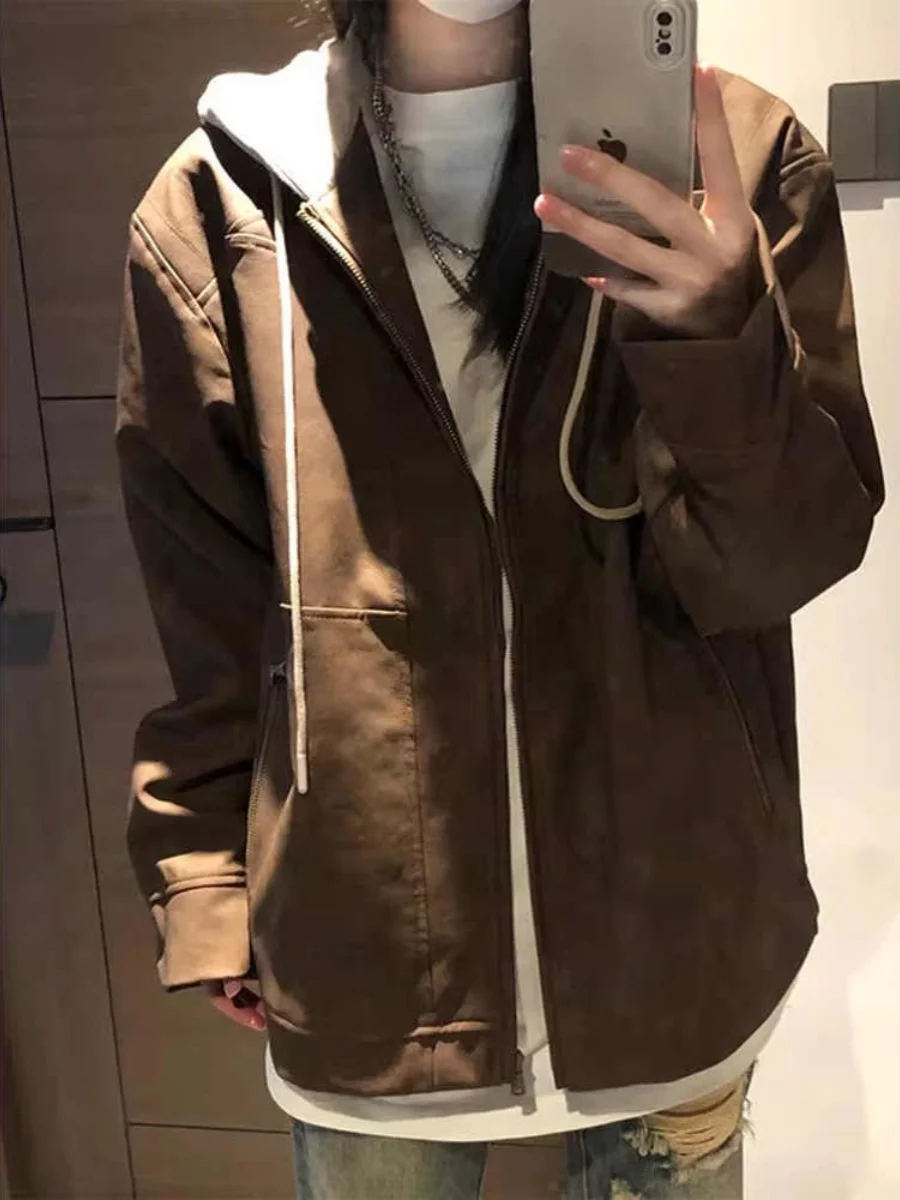 

American Vintage Brown Hoodie Jaet ex Design Sense Fake Two-Piece Outerwear Merald Cardigan Coat Stand Fit Home Use ...