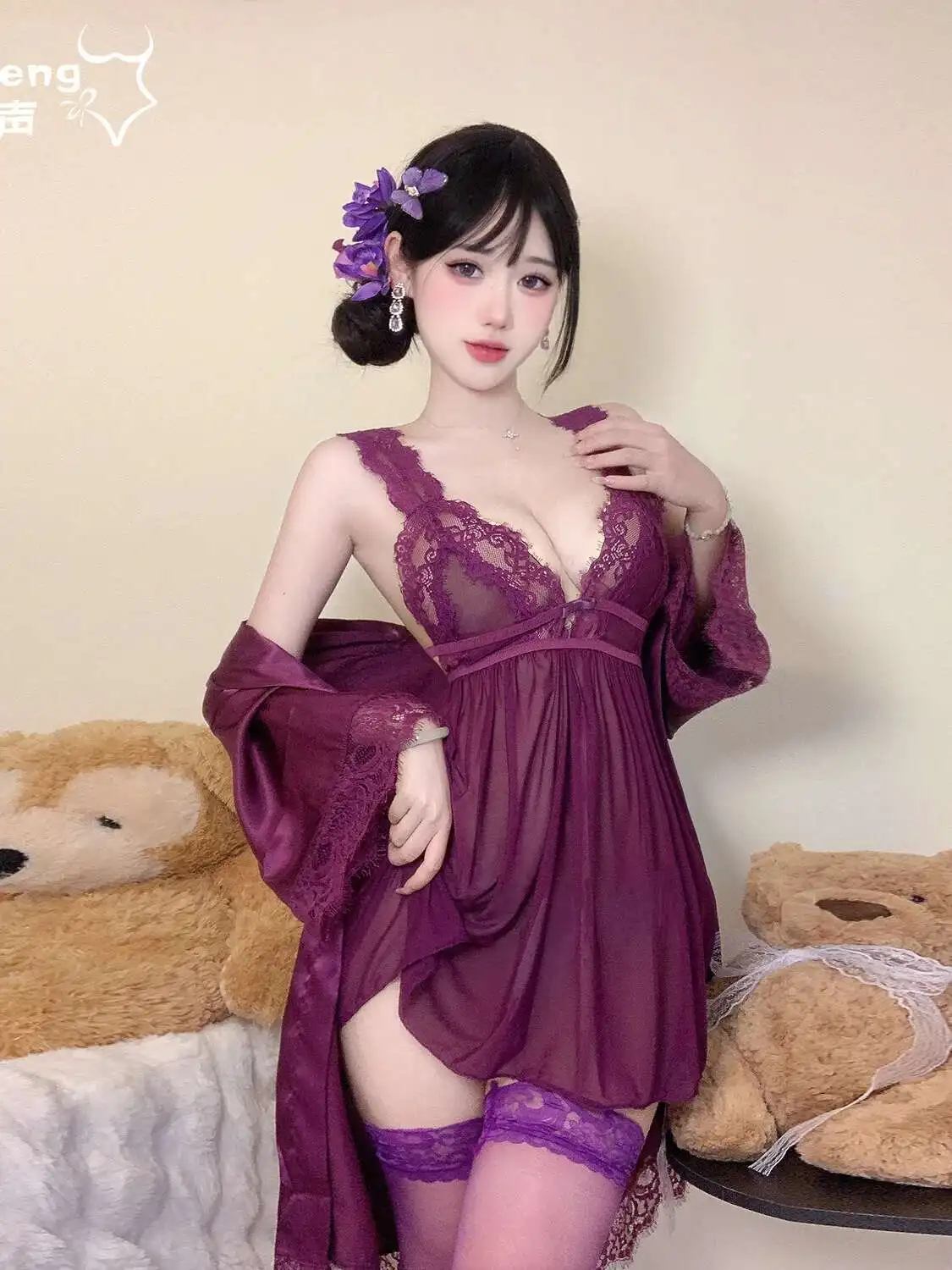 Transparante Nieuwe vrouwen V-hals Paars Sheer Zomer Zoete Sexy Mesh Verleidelijke Kant Dunne Nachtjapon Jurk Elegante Tops Vrouwen D16G