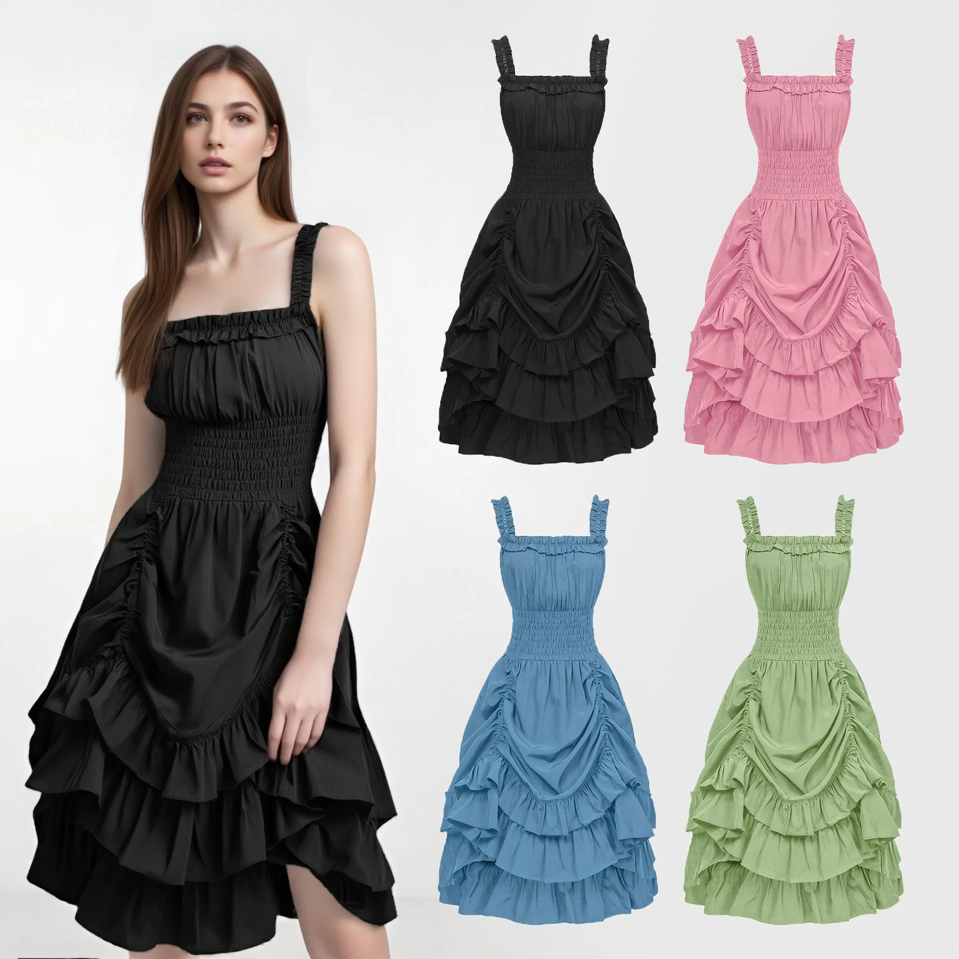 

Medieval Gothic Style Women's Backless Dress with Lifted Strap Long Skirt Performance Costume Dark Color Chinese Production