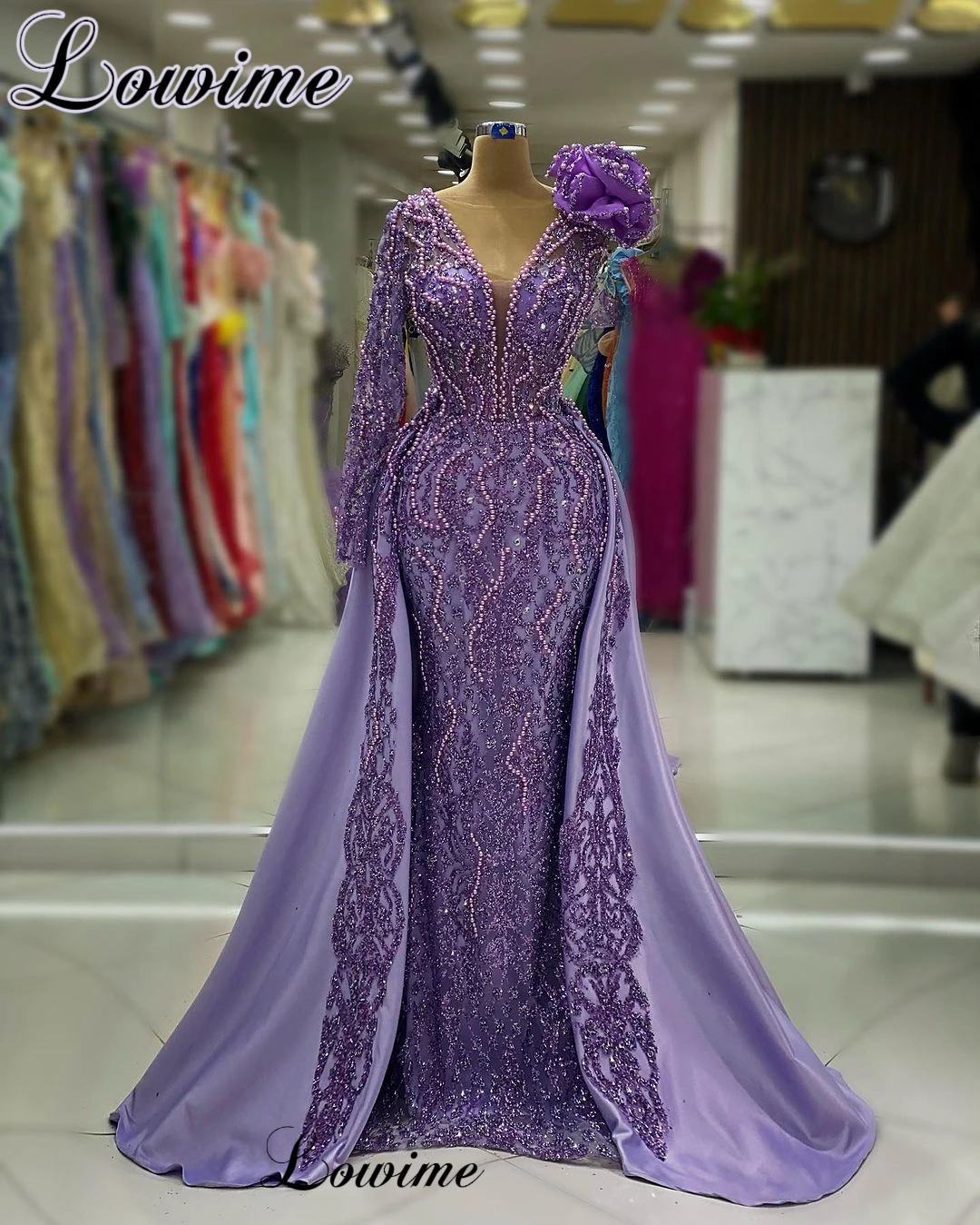 Two Pieces Purple Pearls Evening Dresses With Detachable Train One Shoulder Elegant Celebrity Dresses For Women Robes De Soirée