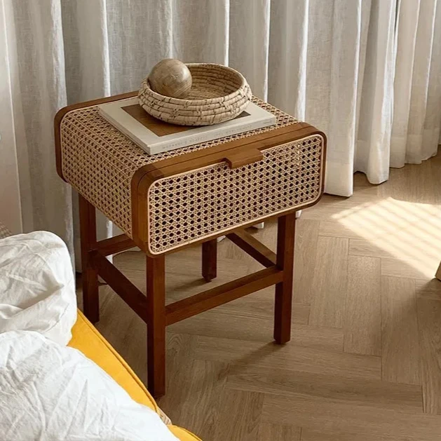 Creative Real Rattan Solid Wood Bedside Table Rattan Handmade Bedside Table New Chinese Coffee Table Retro Storage Small Cabinet