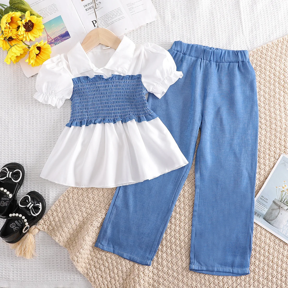 

2026 New Summer 3-9Y Girls 2 Piece Set Fashion Shirred Top & Wide Leg Pants Outfit for 100-140cm