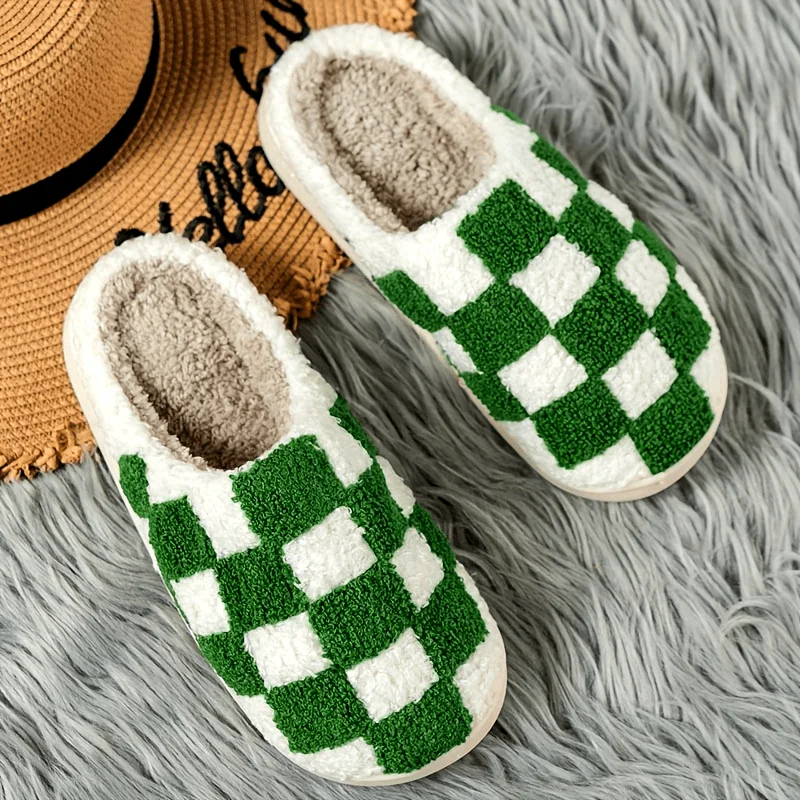 Checkerboard Pattern Slippers, Casual Slip On Plush Lined Shoes, Comfortable Indoor Home SlippersLadies Cotton Indoor Outdoo