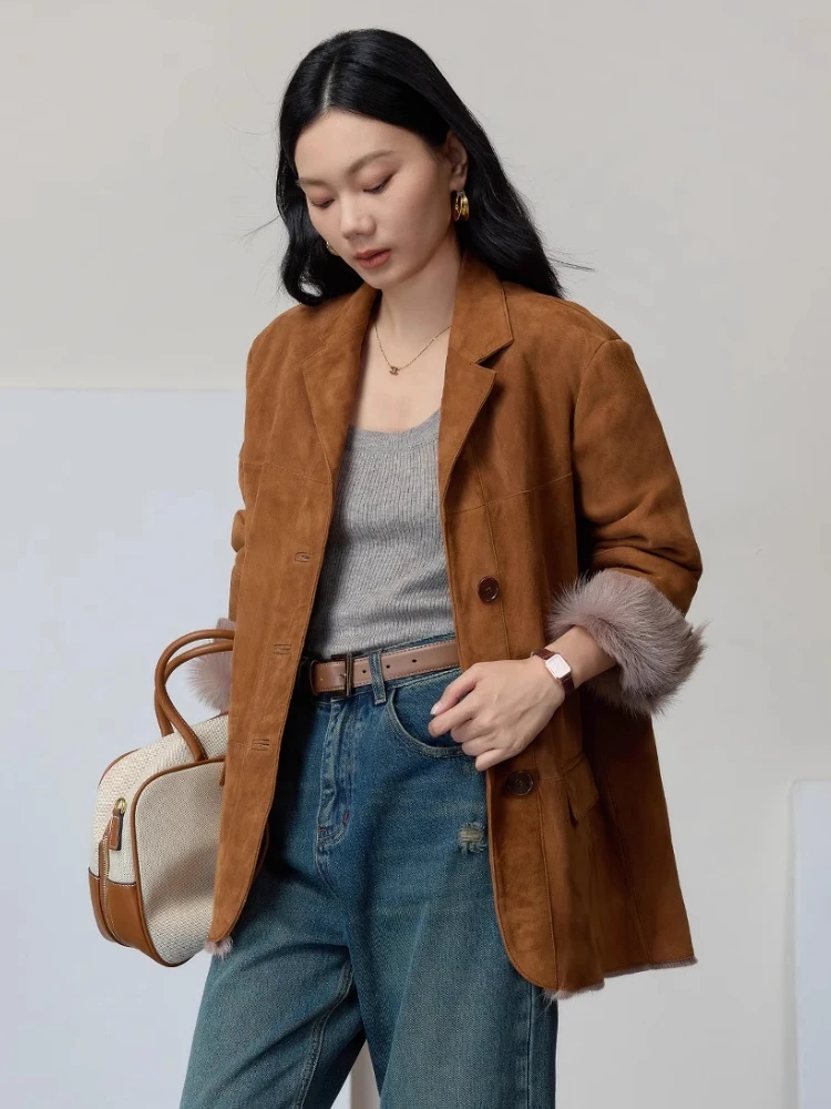 High-end-Luxus Echt Ziegenleder Lamm Pelz Wildleder Mantel für Frauen Einfache Klassische Vintage Echtpelz Echtes Leder winter Blazer Jacke