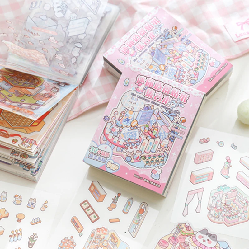 Mr.Paper 96 Sheets Mini Diorama Sticker Book, 3D Dollhouse Miniature Scene Decals for Journal Scrapbooking, Craft Supplies