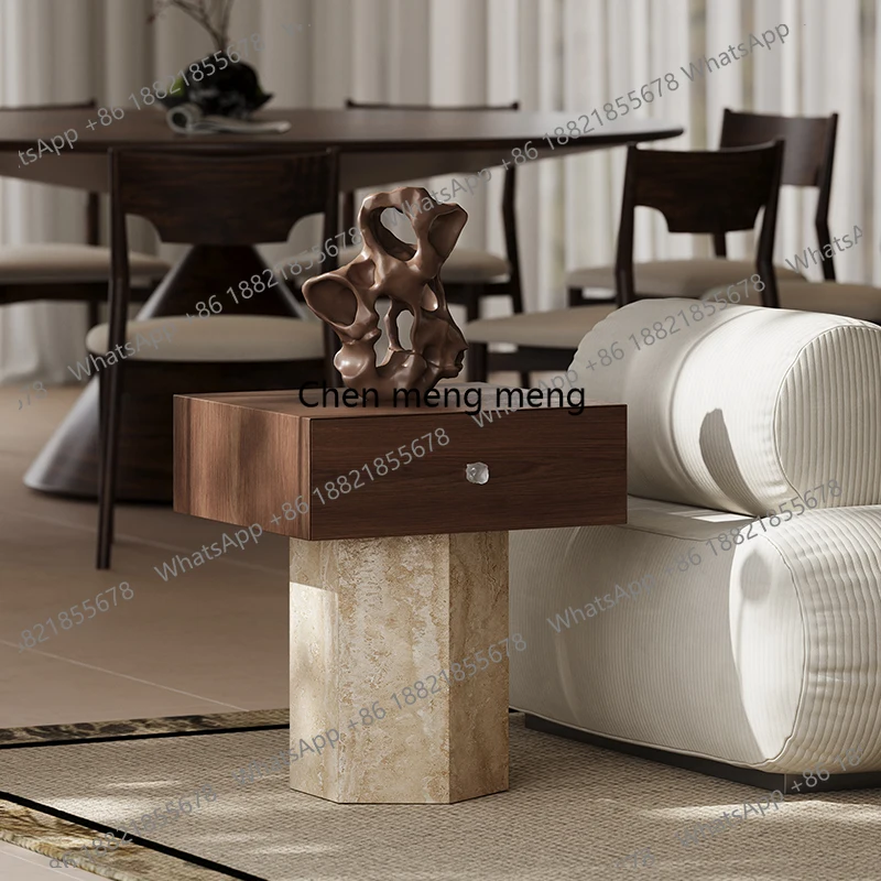 

Solid wood travertine small coffee table living room multi-functional storage edge corner few medieval retro home bedside table