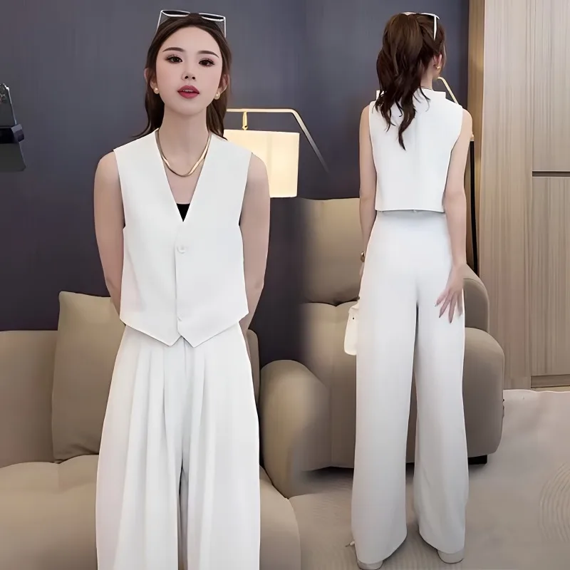 New Elegant Summer Two Piece Set Women High End Office Lady V-neck Sleeveless Vest + Wide Leg Pants Sets Women's Suit Fashion