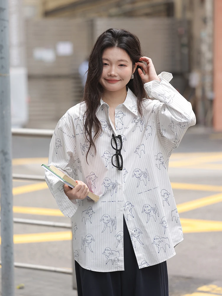 

White Long Sve Cartoon Print irt Jaet Women's Spring Design Loose Korean Sle Sweet Sle Cotton Blend Button up