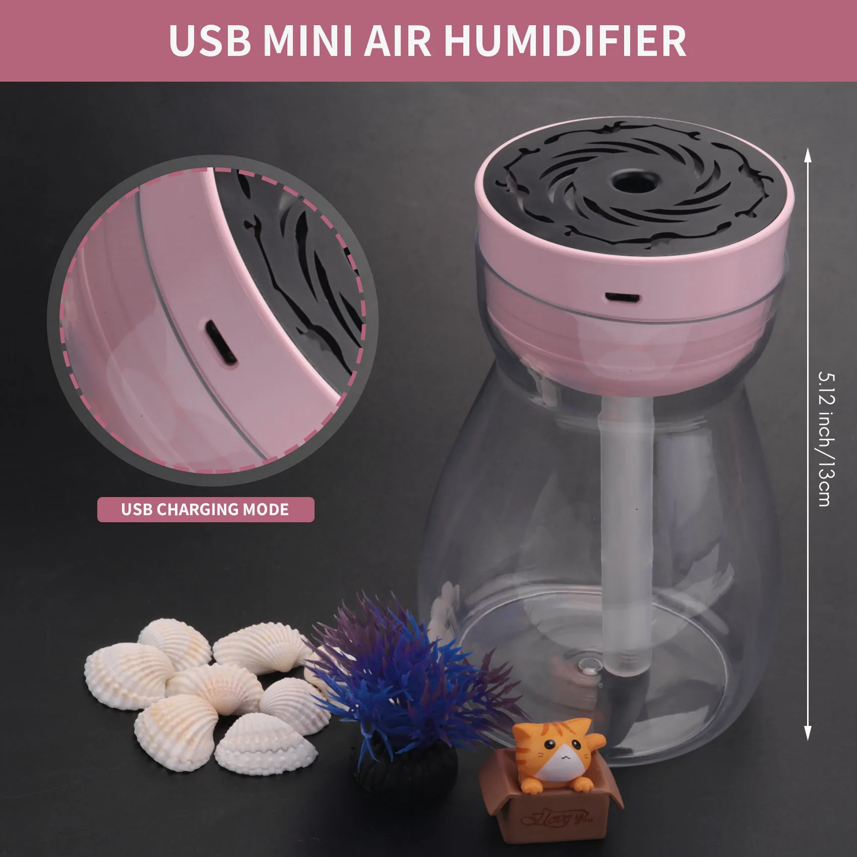 Humidificateur à brume fraîche mignon, purificateur d'air pour bureau et chambre à coucher, chargeur Usb, humidificateur d'air Kawaii avec lumière Led, bouteille hydratante d'air