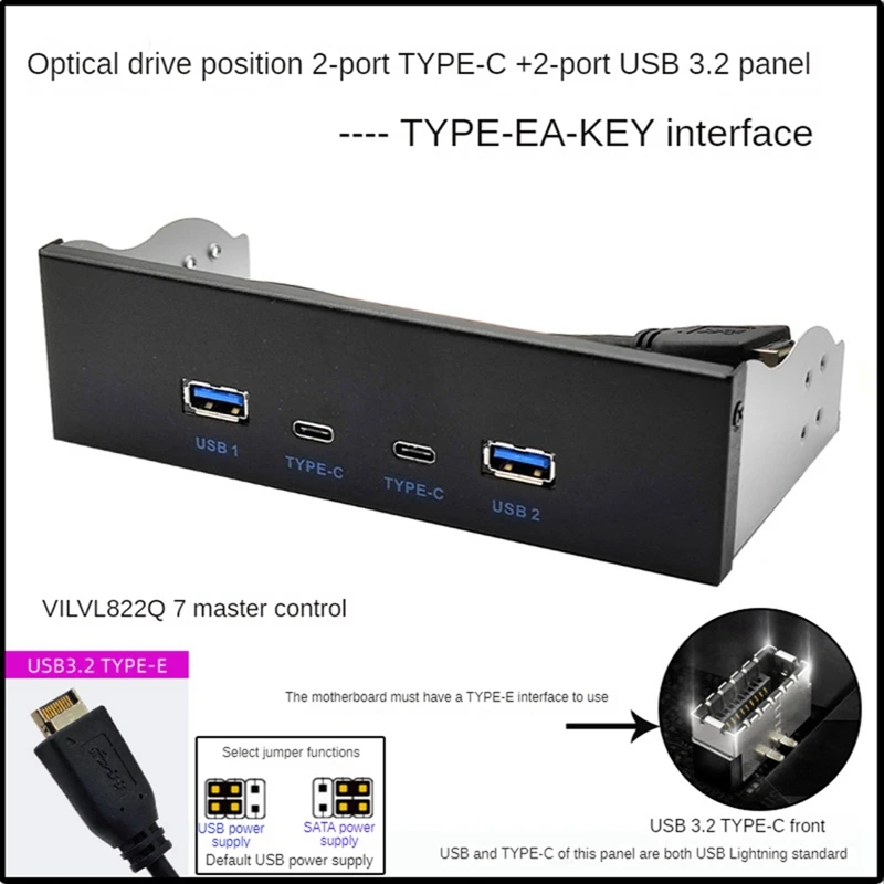 USB3.2 TYPE-C Black Optical Drive Panel 2X USB GEN2+2X TYPE-C 3.5-Inch 5.25-Inch HUB 19PIN To C-Port Front Back Plug