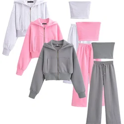 Taop&Za 2024 Women's casual hooded short hoodie/solid color bra/elastic waist wide leg pants three piece set