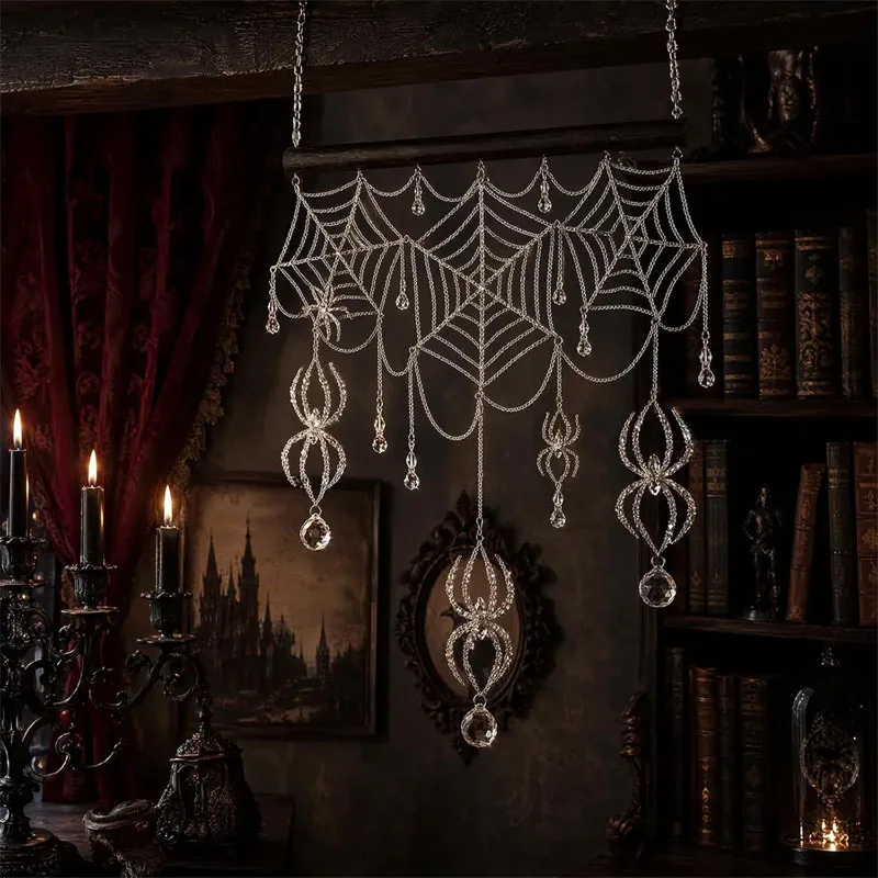 Crystal Spider Web Wind Chimes, Hanging Suncatcher Outdoor, Garden Halloween Party Decoration Home, Ornament Gift
