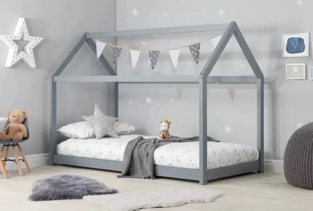 

# Montessori Girls Wooden Pine Single Bed Frame Bedroom Furniture Grey Solid Pine Kids Wooden House Bed Frame #