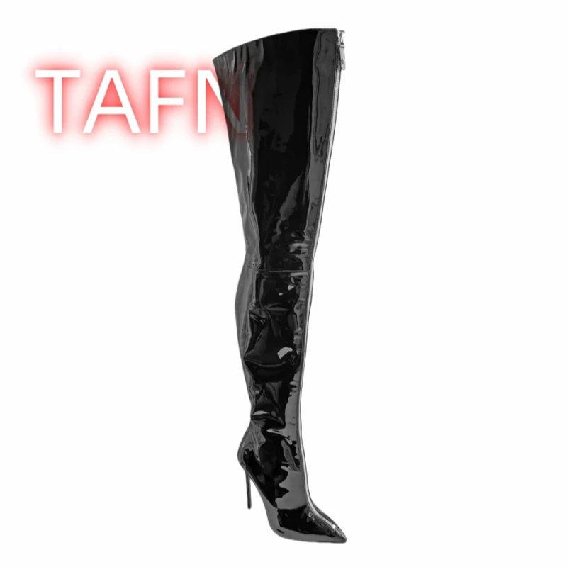 

Black Front Zipper Thigh High Heels Stilettos Boots Faux Leather Ladies Sexy Pointed Toe Over the Knee Boots Sexy Botines Mujer
