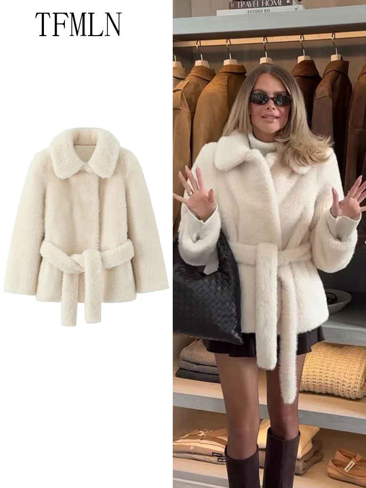 

Fashion 2025 Autumn Winter Women Faux Fur Jackets With Belt Warm Chic Lapel Full Sleeve Causal Coat High Street Female Loose Top