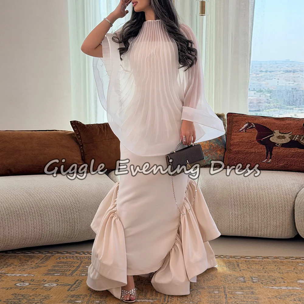 

Designer Style Pleated Cape Evening Dress Women High Neck Mermaid Maxi Dress Modest Simple Wedding Guest Formal Party Gown