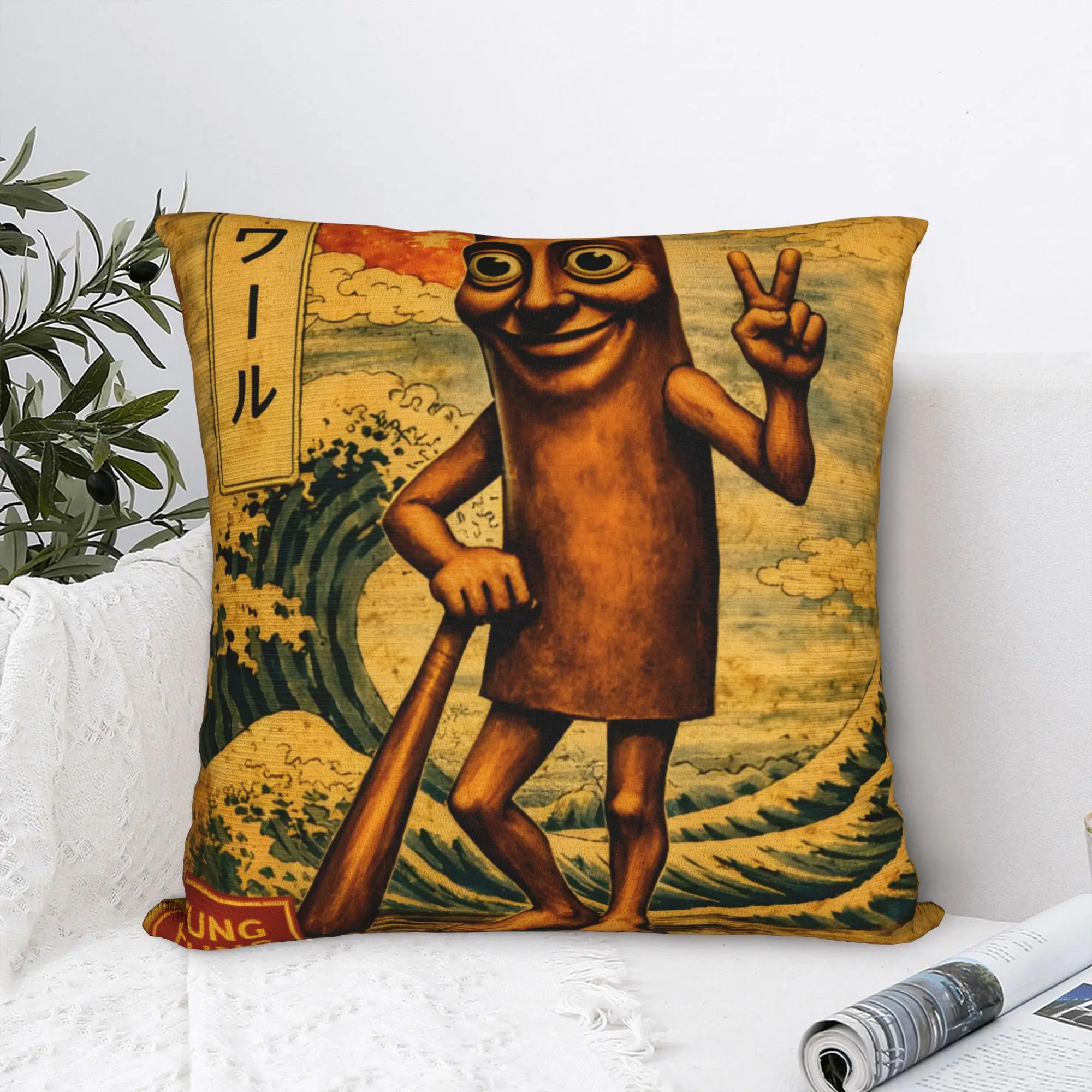 Pillow Cover Retro Brainrot Meme Kanagawa Japanese Vintage Tung Tung Tung Sahur Pillow Case For Sofa Home Decoration Pillowcases