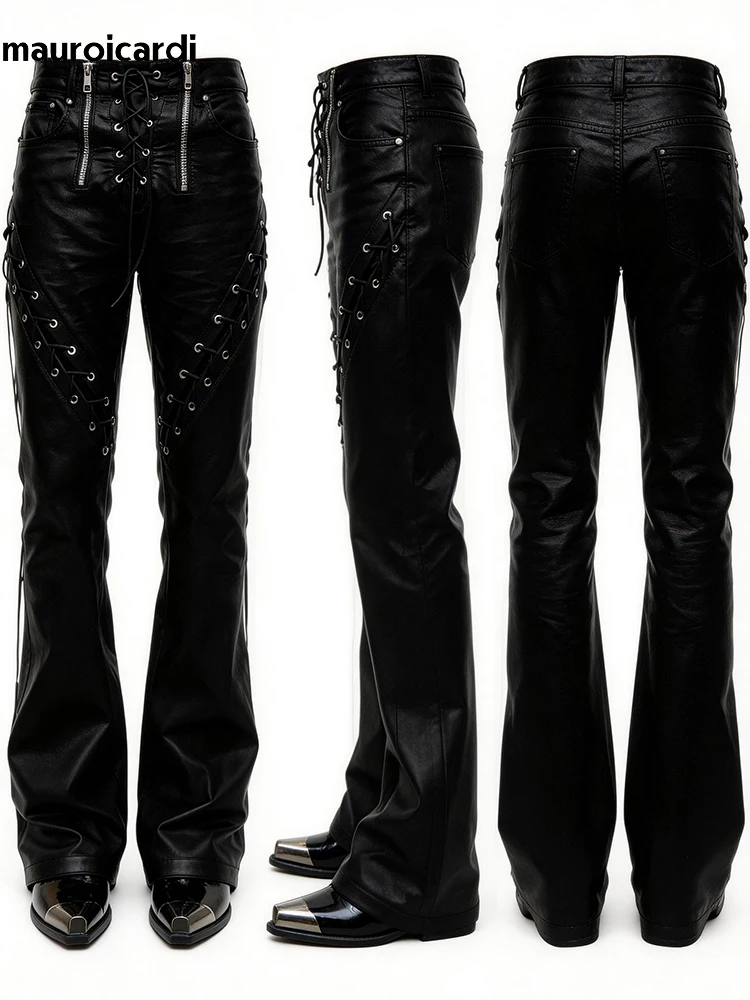 

Mauroicardi Spring Autumn Cool Long Black Pu Leather Micro-Flare Pants Man High Waist Luxury Brands Original Streetwear Clothes
