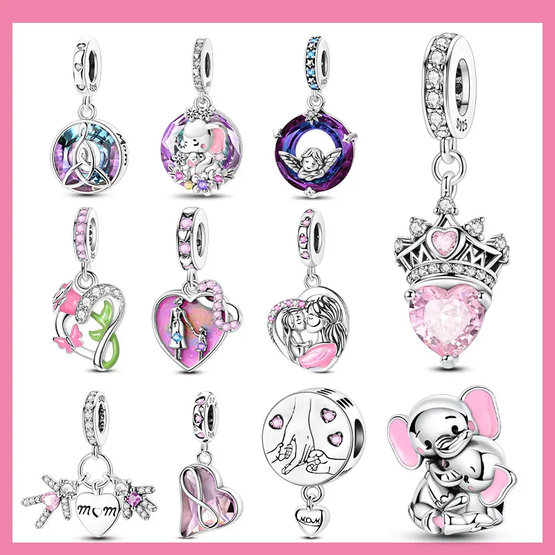 

Mother's Day Charms Silver 925 Thanks & Forever Love Mon Pink Heart-shaped Beads Fit Original Bracelets DIY Fine Gift for Women