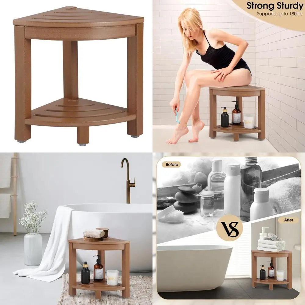 Banc de douche d'angle avec étagère de rangement, siège en plastique couleur teck pour le rasage et le bain dans des petits espaces de salle de bain
