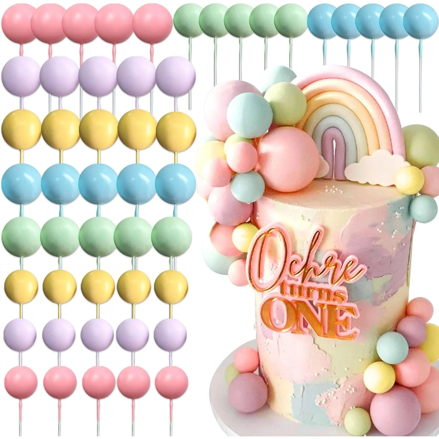 Adornos para Pastel de Macarons con Forma de Bola Arcoíris, Adorno Colorido para Pastel con Bolas de Colores Pastel, Adornos para Cupcakes para Cumpleaños de Bebés