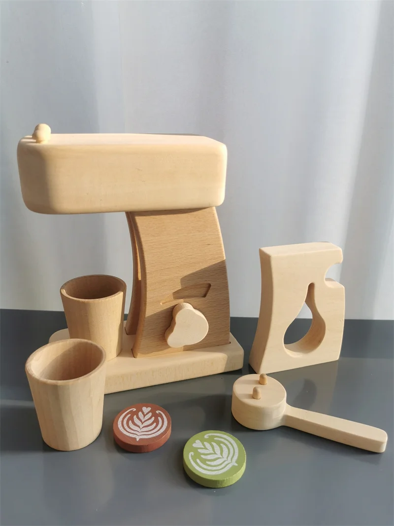 Kids Montessori Toys Wooden Toast Baguette Coffee Machine Tea Pot Cakes Cups Wood Sensory Hand Sanitizer Bottle Pretend Play