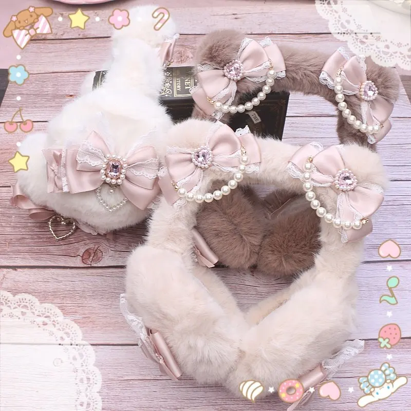 

Оригинальный милый кружевной бант ручной работы, уши из бисера, плюшевые защитные чехлы для ушей, зимние аксессуары