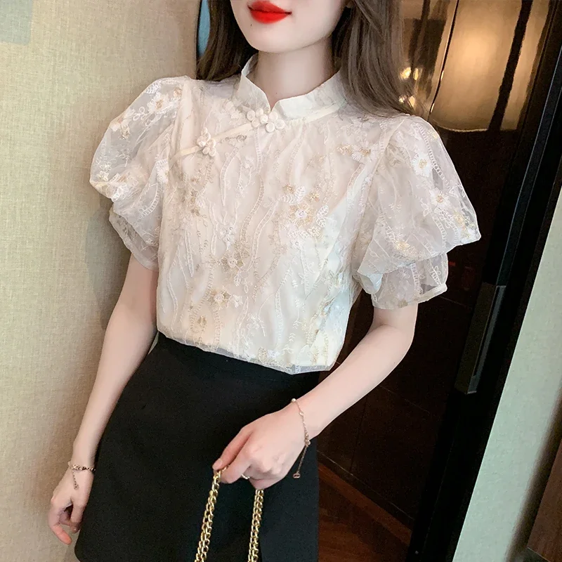 2023 Summer Vintage Women Chinese Style Sequined Embroidery Top Shirt , Woman Clothes Cheongsam Short Sleeve Top Shirts