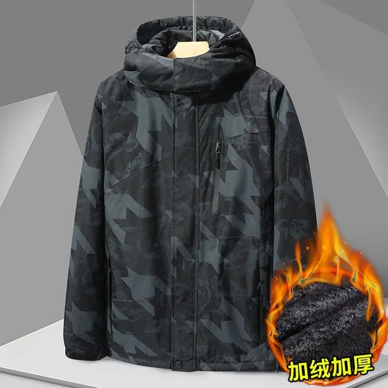 

Зимняя куртка с капюшоном, мужская флисовая подкладка, уличная ветрозащитная ветровка, парка, толстая шапка на молнии с камуфляжным принтом, съемные куртки