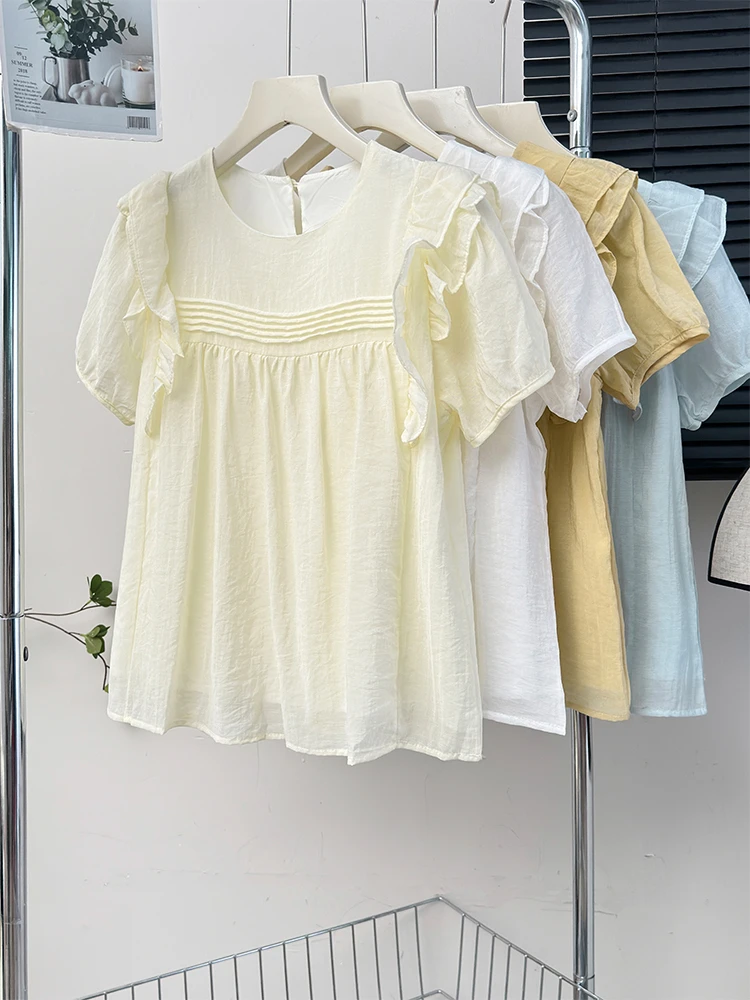 Blusas de manga curta inglesas minimalistas emendadas com trajeto, babados sólidos, moda solta, camisa de gola redonda, nova, verão