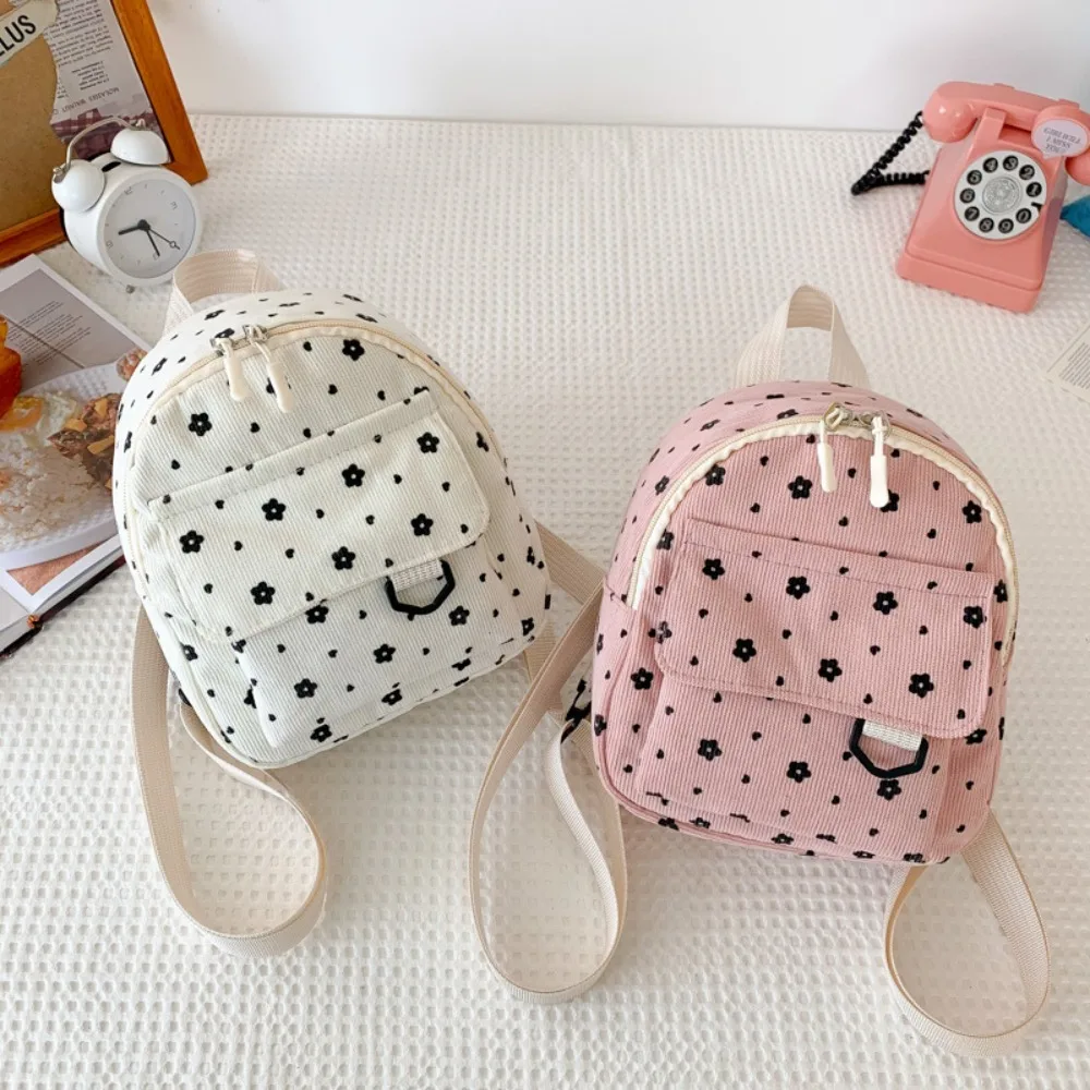 Fashion Flower Print Small Backpacks Corduroy Mini Women Shoulder Bag Lightweight Multiple Pocket Mini Backpack Ladies