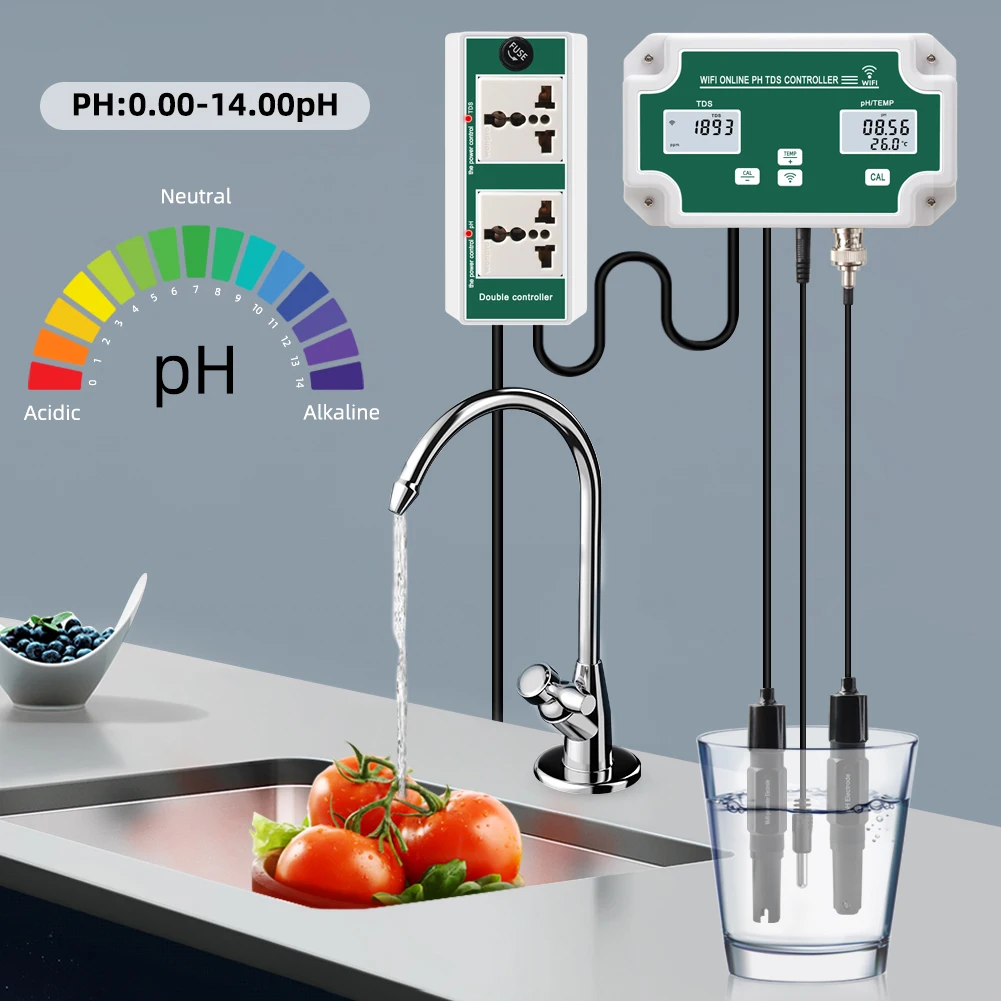 WiFi Temp PH TDS ppm Meter 19990ppm Data Logger Controller Drinking Water Quality Hardness Tester Smart Monitoring for Aquariums