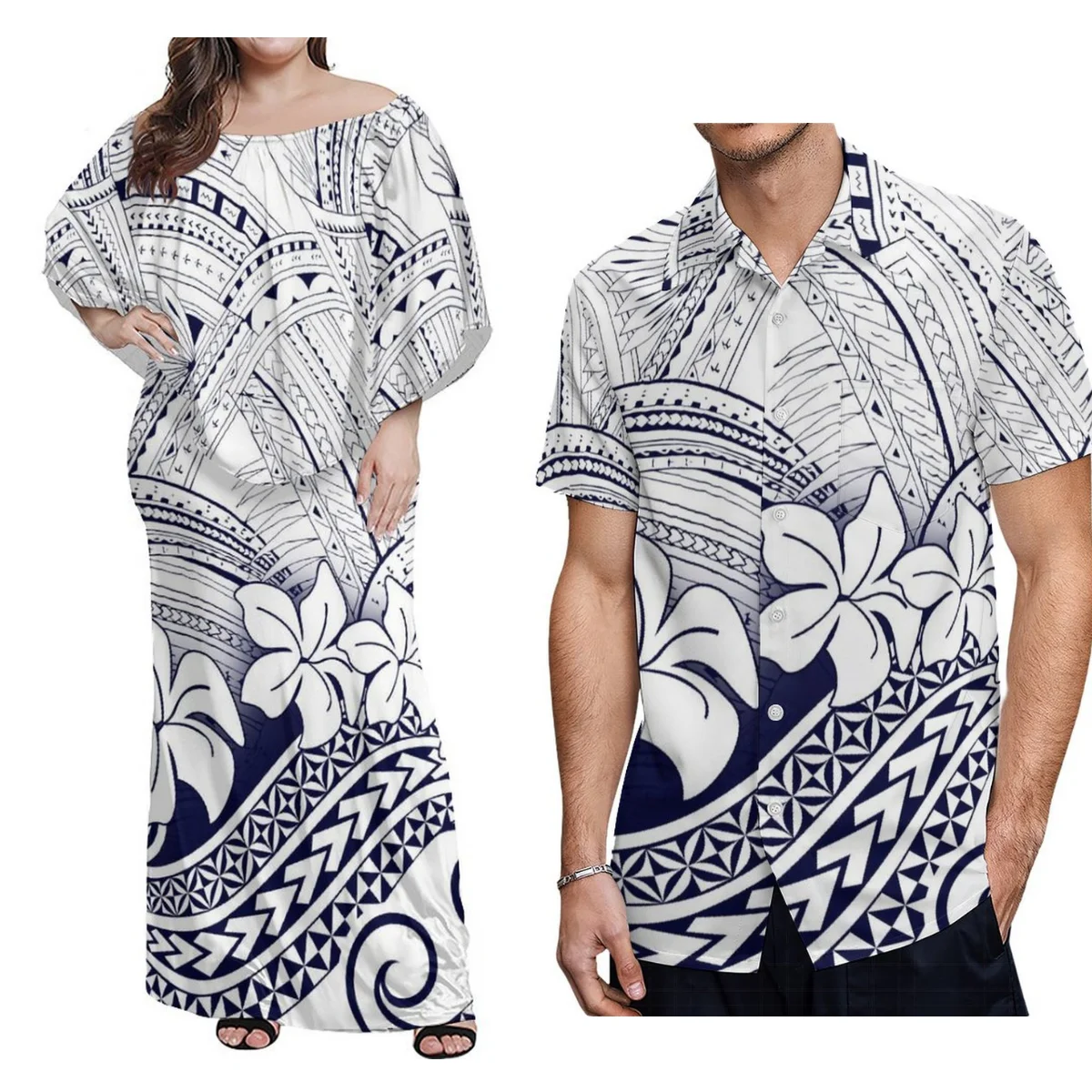 

Polynesian Ethnic Style Couple Suit 2 High Quality Men'S Aloha Shirts And Women'S Cape Dress Support Customization