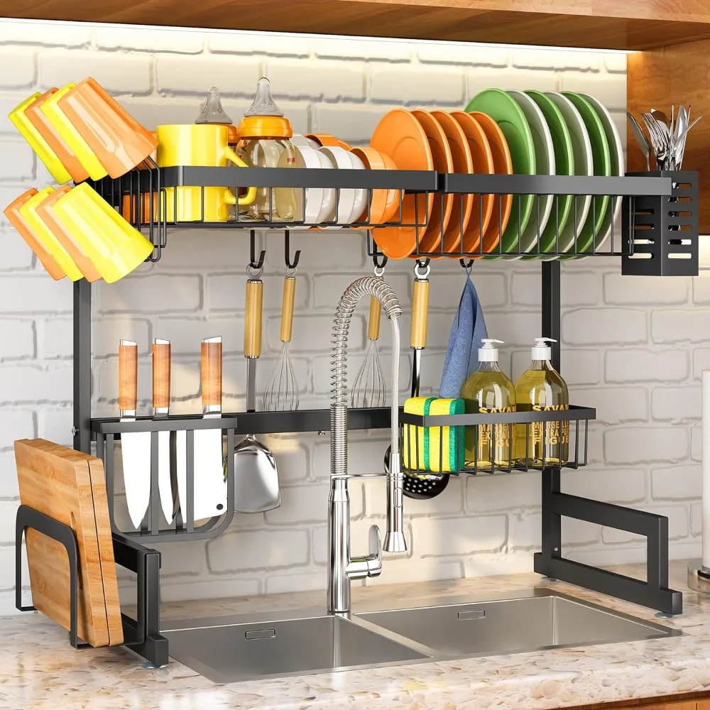 

The Sink Dish Drying Rack, Adjustable (26.8" to 34.6") Large Dish Drying Rack for Kitchen Counter with Multiple Baskets Utensil