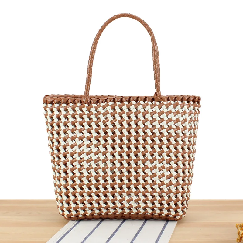 Large Capacity Weaving Tote Bag Woman Shopping Hollow Out Vegetable Basket Woven Pvc Lightweight Outdoor Camping Storage Bags
