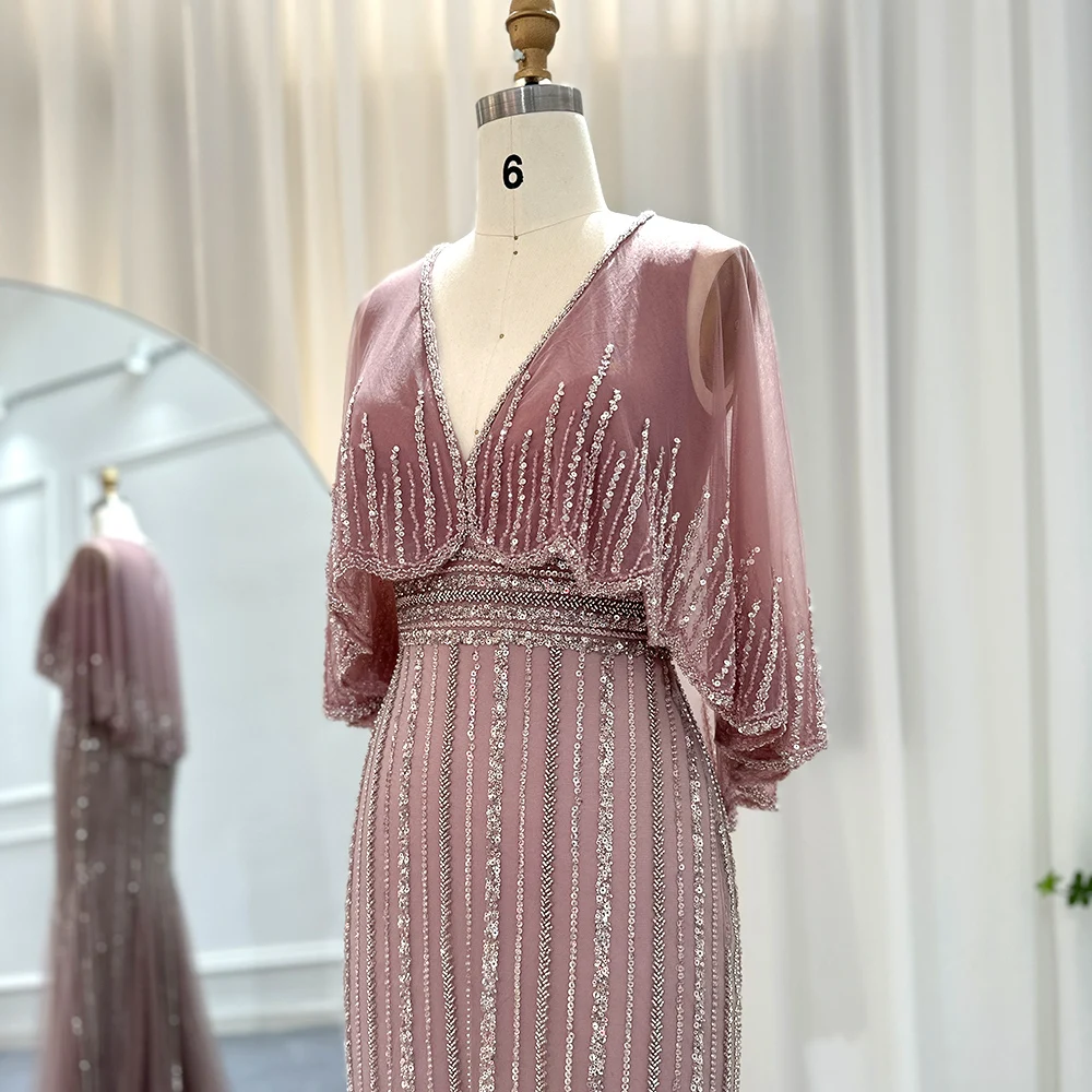 Sharon Said Dubai Luxuriöse Salbeigrüne Meerjungfrauen-Abendkleider mit Cape, V-Ausschnitt, Arabisch, für Hochzeitsfeier, SS284, Maßanfertigung – Detail 14