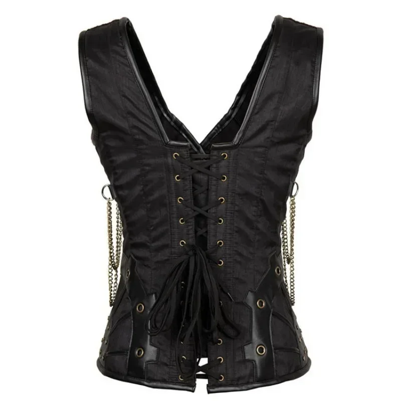 Steampunk Steel Bone Rivet Chain Corset Vest for Women Gothic Bustiers Top Retro Leather Lace Up Overbust Corselet with Straps