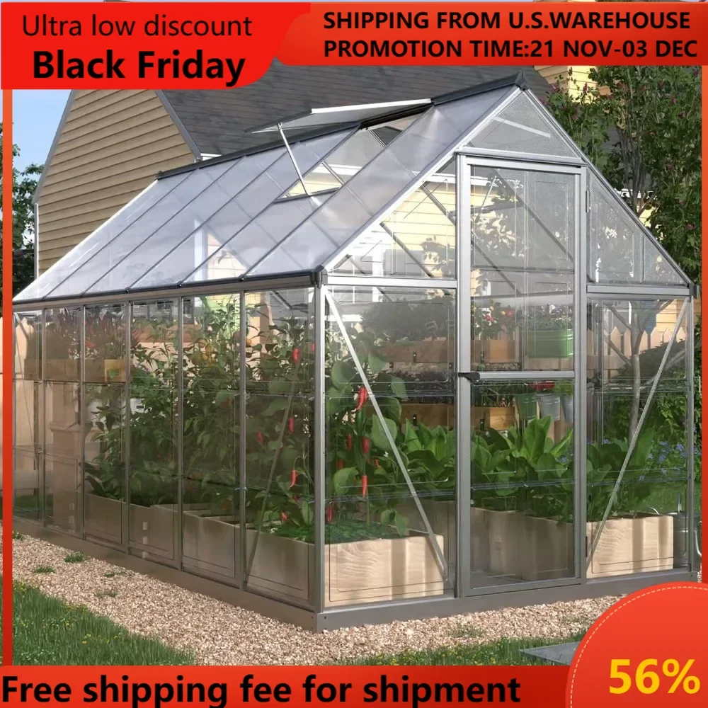 6x12 FT Hybrid Polycarbonate Greenhouse Walk-in Hobby Greenhouse 3 Vent Window with Lockable Hinged Door Aluminum Hot House for