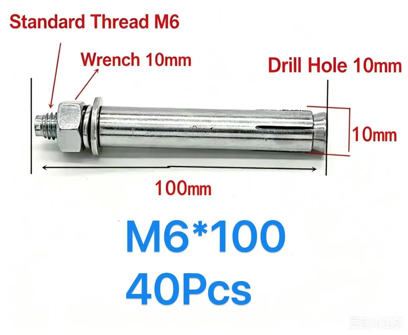 M6*100 Hex Expansion Anchor Bolt 40Pcs for Concrete Brick Wall Mounting Fixing