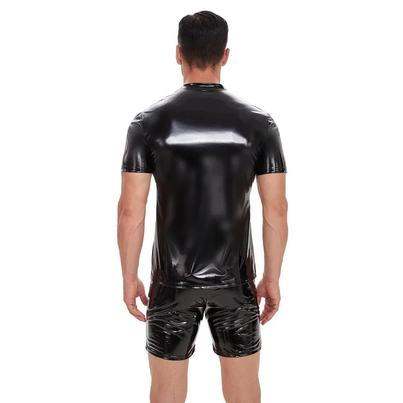 Fashion Men's PVC Shinny Wet Look Faux Leather 5XL T-Shirts Short Sleeve Tee Solid Black Red Muscle Party Clubwear Tops T Shirt