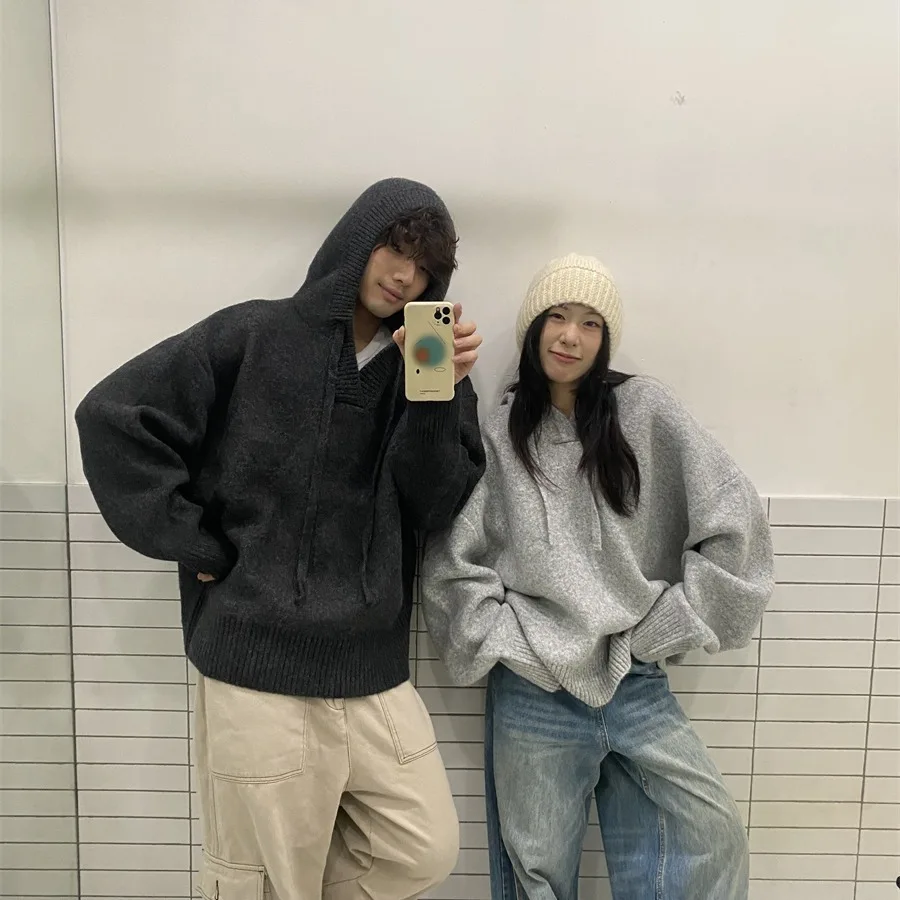 

American Sle Men's Hooded Knitted Sweater Jaet Couple's 250 Pou Flower ey High Street Versatile Winter Casual Top