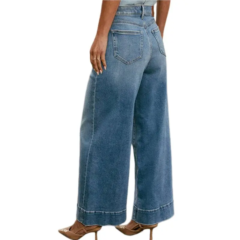 

CYL-Women's Wide Leg Jeans High Waist Stretchy Straight Leg Long Denim Pant With Front Patch Pockets
