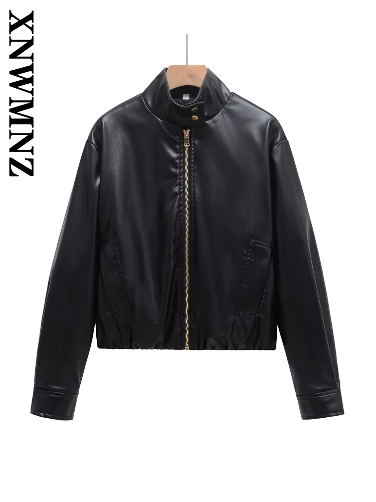 XNWMNZ 2024 Autumn Woman Hipster Long Sleeve Faux Leather Top Outerwear Party Woman's Stand Collar Coat zipper Leather Jacket