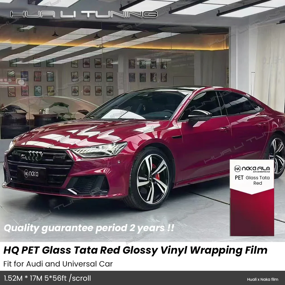

Glass Tata Red Glossy PET Vinyl Wrap for Tesla Car Low-Tack Self-Adhesive Bubble-Free Film 1.52m x17m/5x56ft Premium Car Wrap